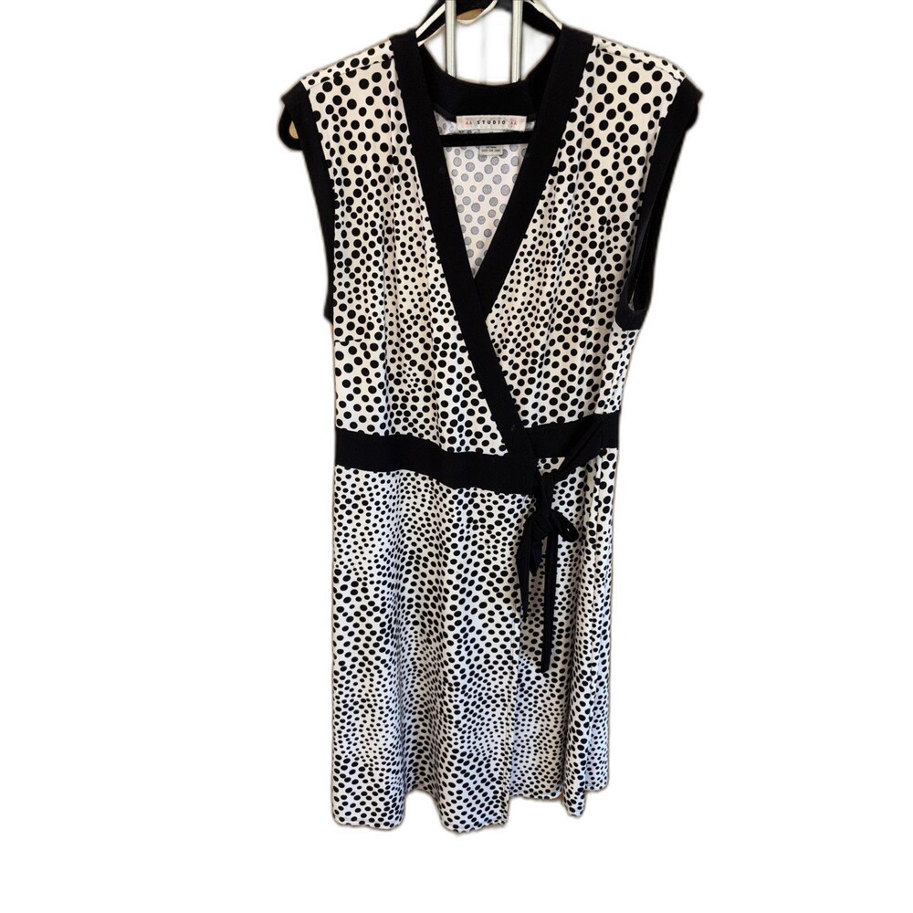AA Studio Women 16 Polka Dot Wrap Tie Waist Midi Dress Beige Black Cap Sleeve